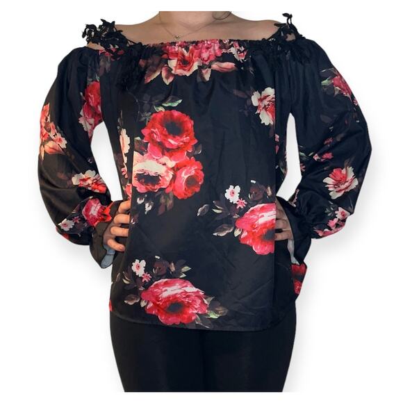 Black Pink Floral Design Blouse Coquette Lace Straps Romantic Date Size Large - Picture 1 of 10
